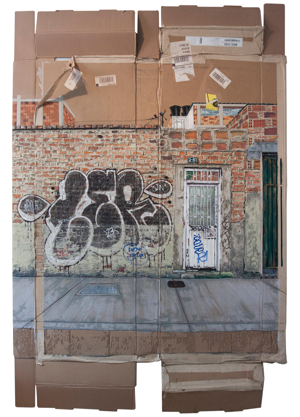 Black sculptural form resembling stacked tires on a white background.