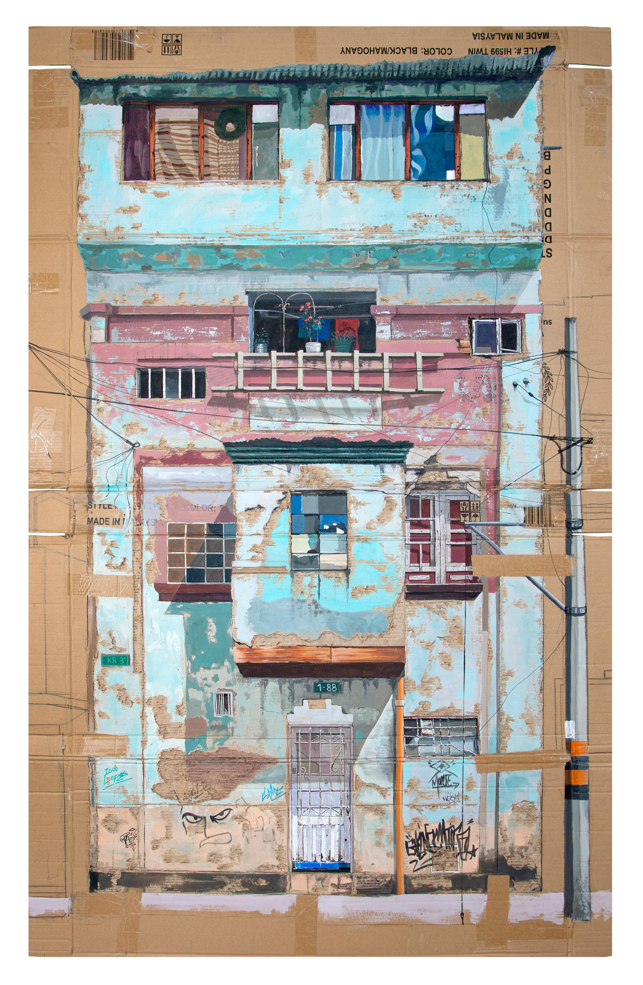 Black sculptural form resembling stacked tires on a white background.