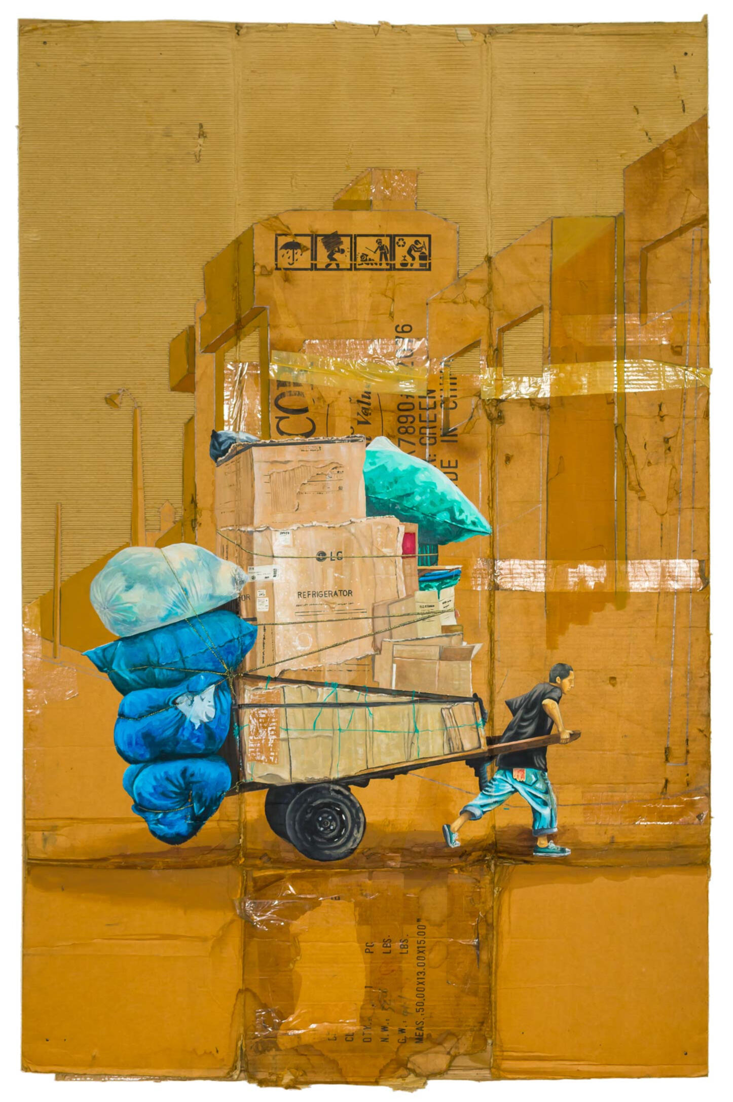 Black sculptural form resembling stacked tires on a white background.