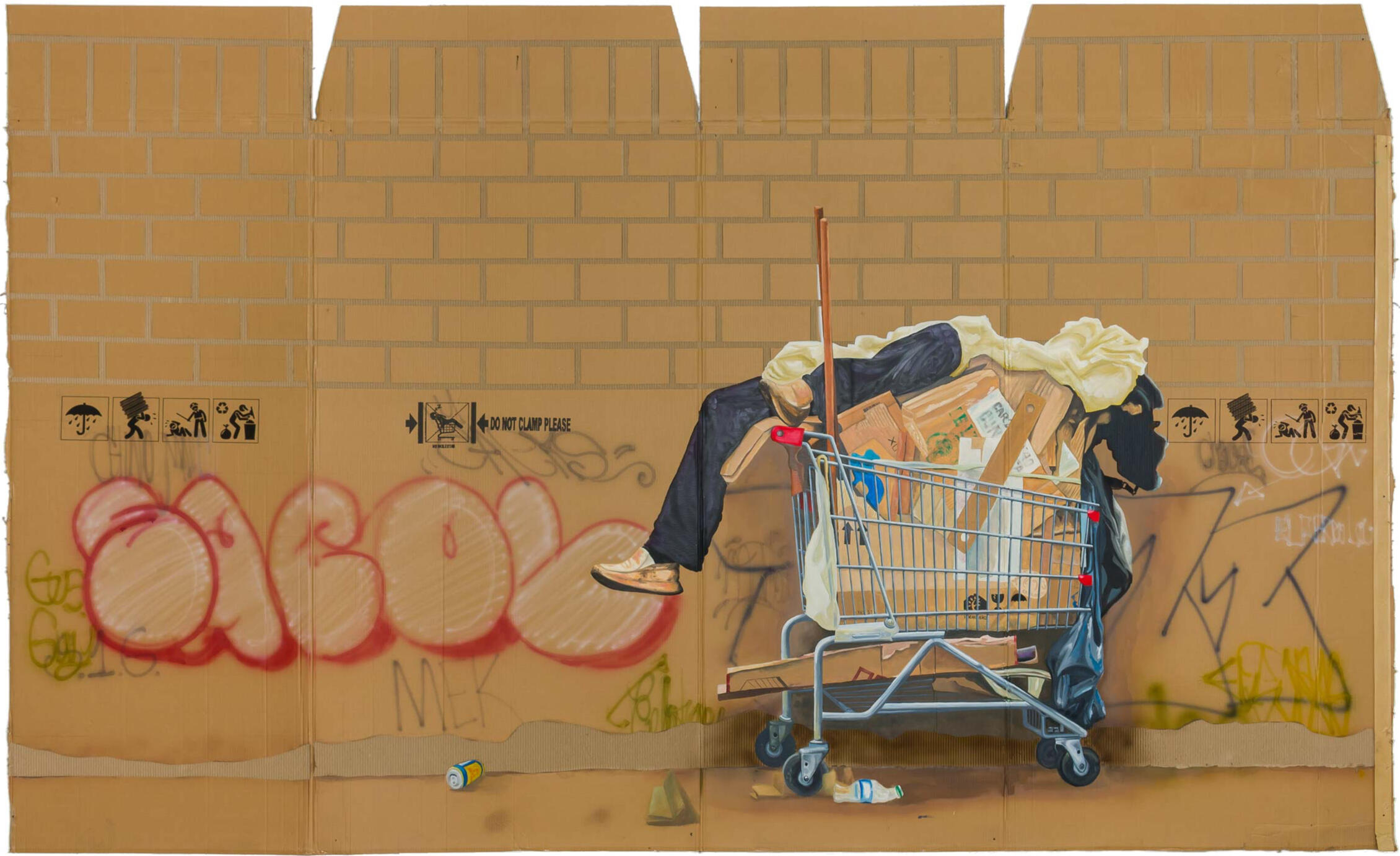 Black sculptural form resembling stacked tires on a white background.