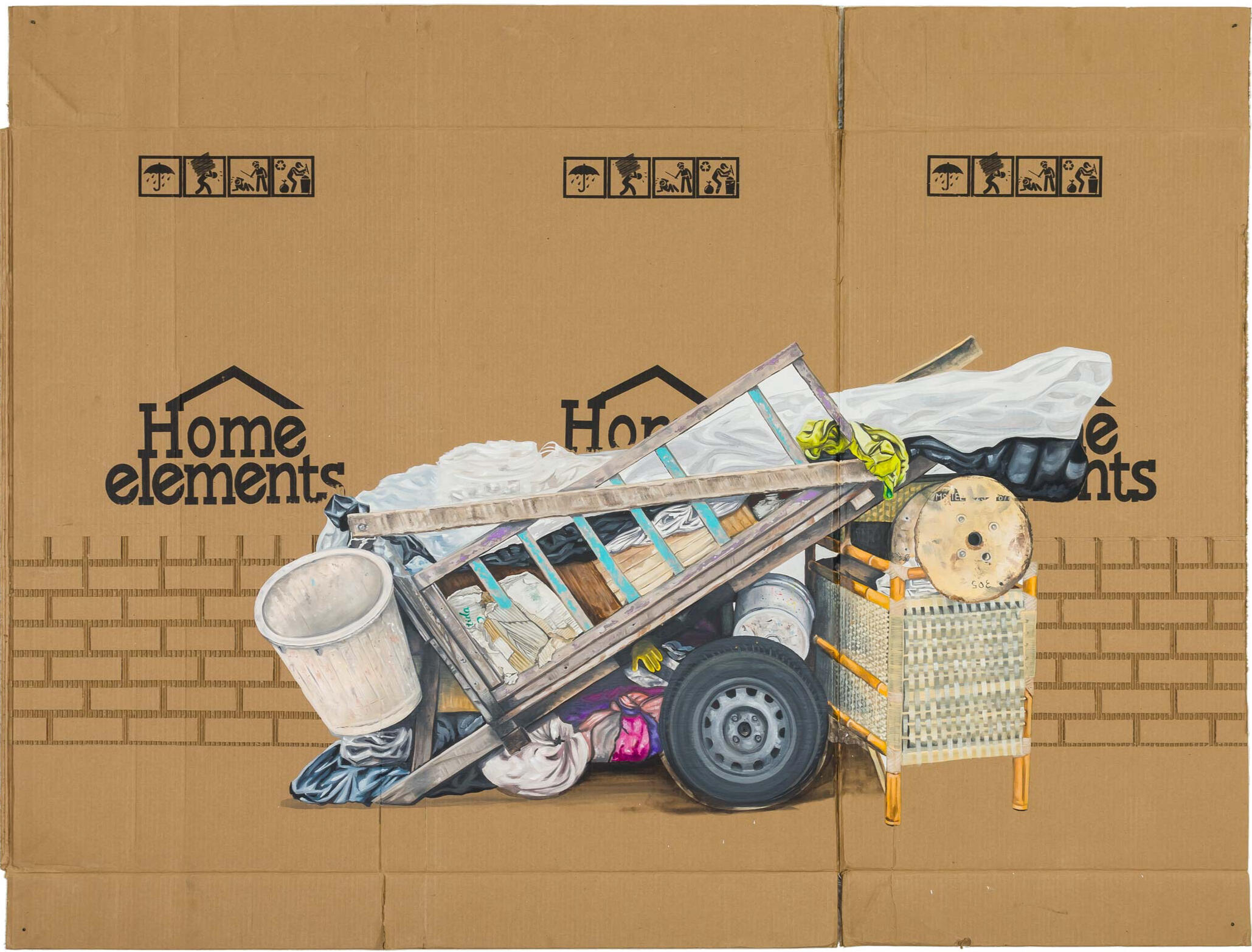 Black sculptural form resembling stacked tires on a white background.