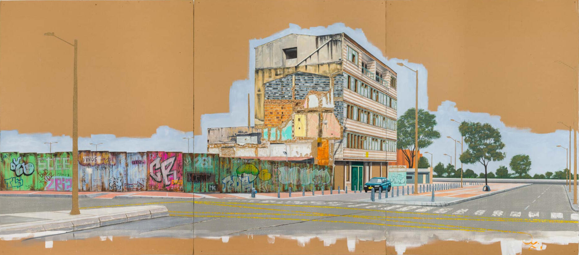 Black sculptural form resembling stacked tires on a white background.